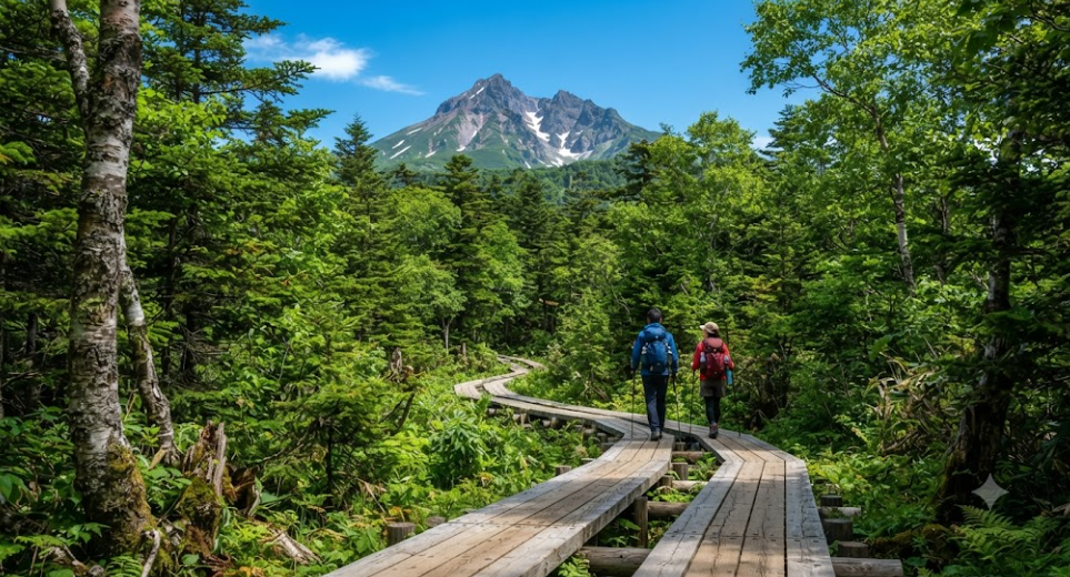 Forest trail through the green woodlands