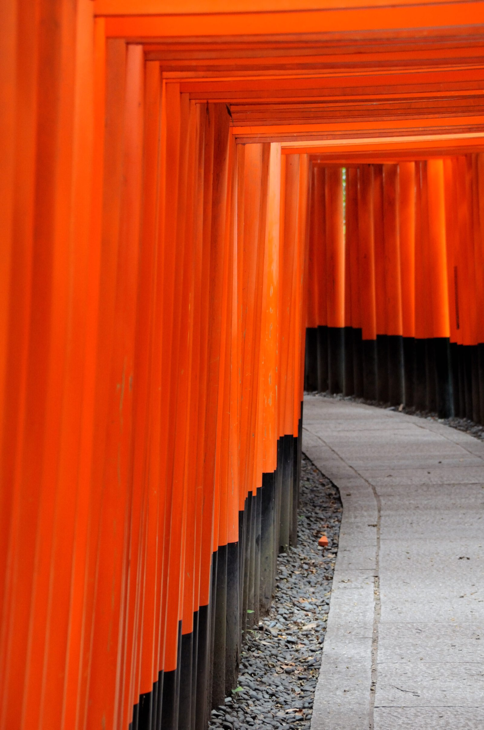 Rows of red torii gates with inscriptions along the trail at Fushimi Inari Taisha