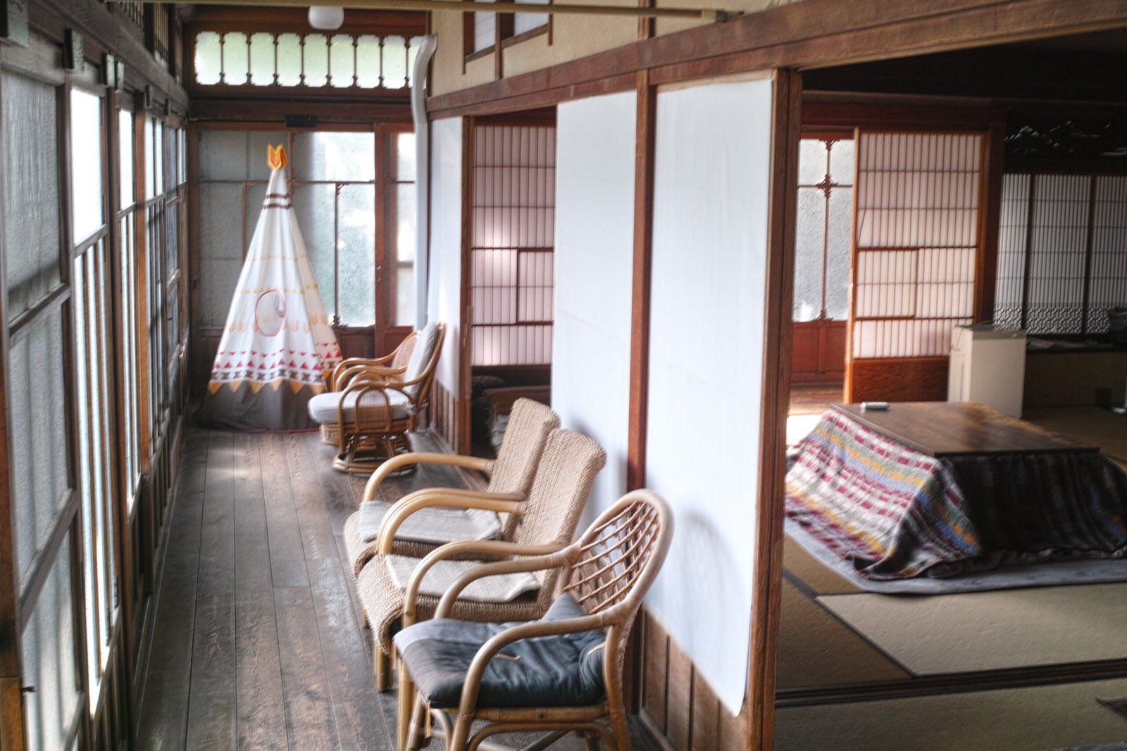 A low wooden table with a kotatsu heater and blanket in a tatami room