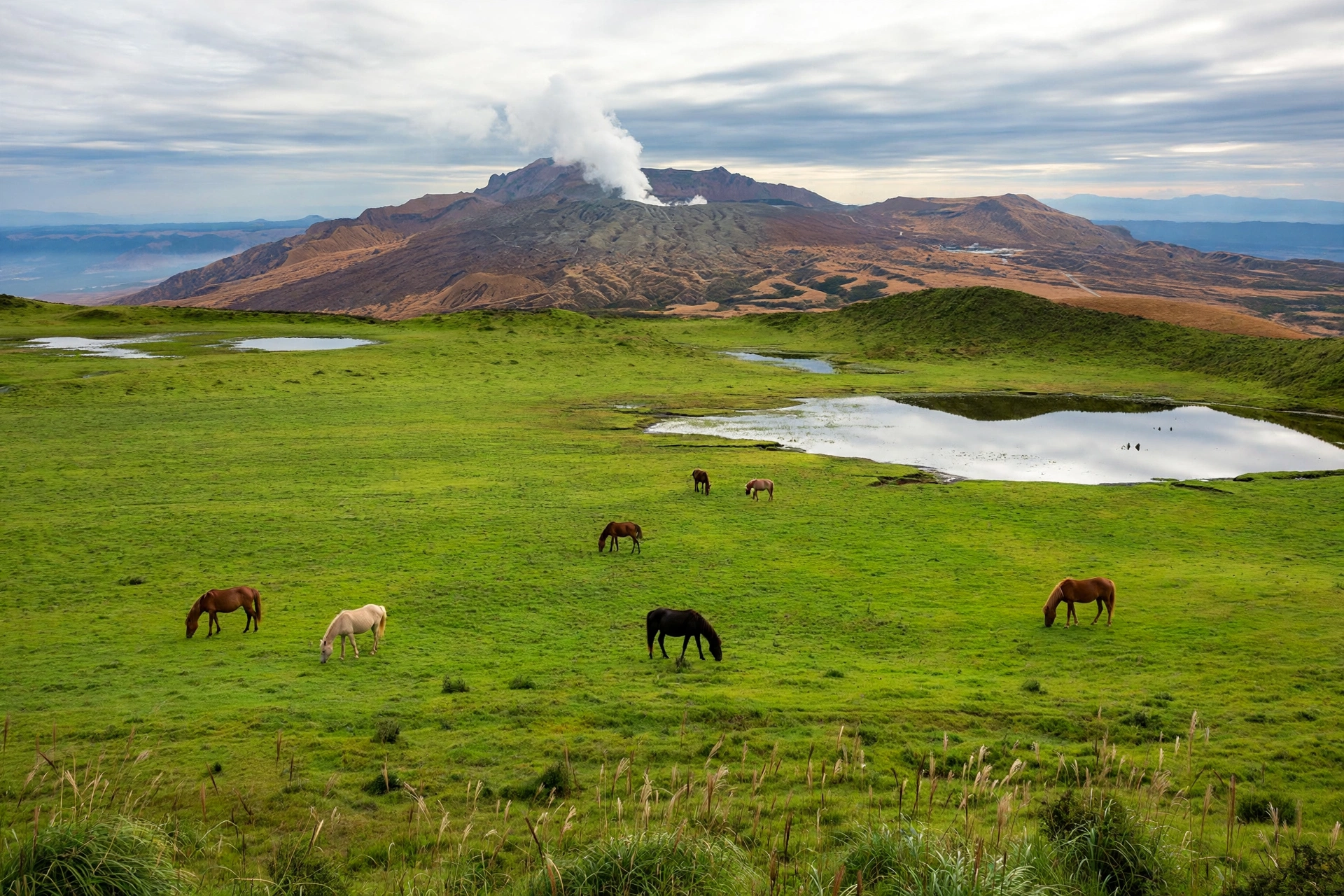 Kusasenri grasslands with Mount Aso in Kyushu, Japan