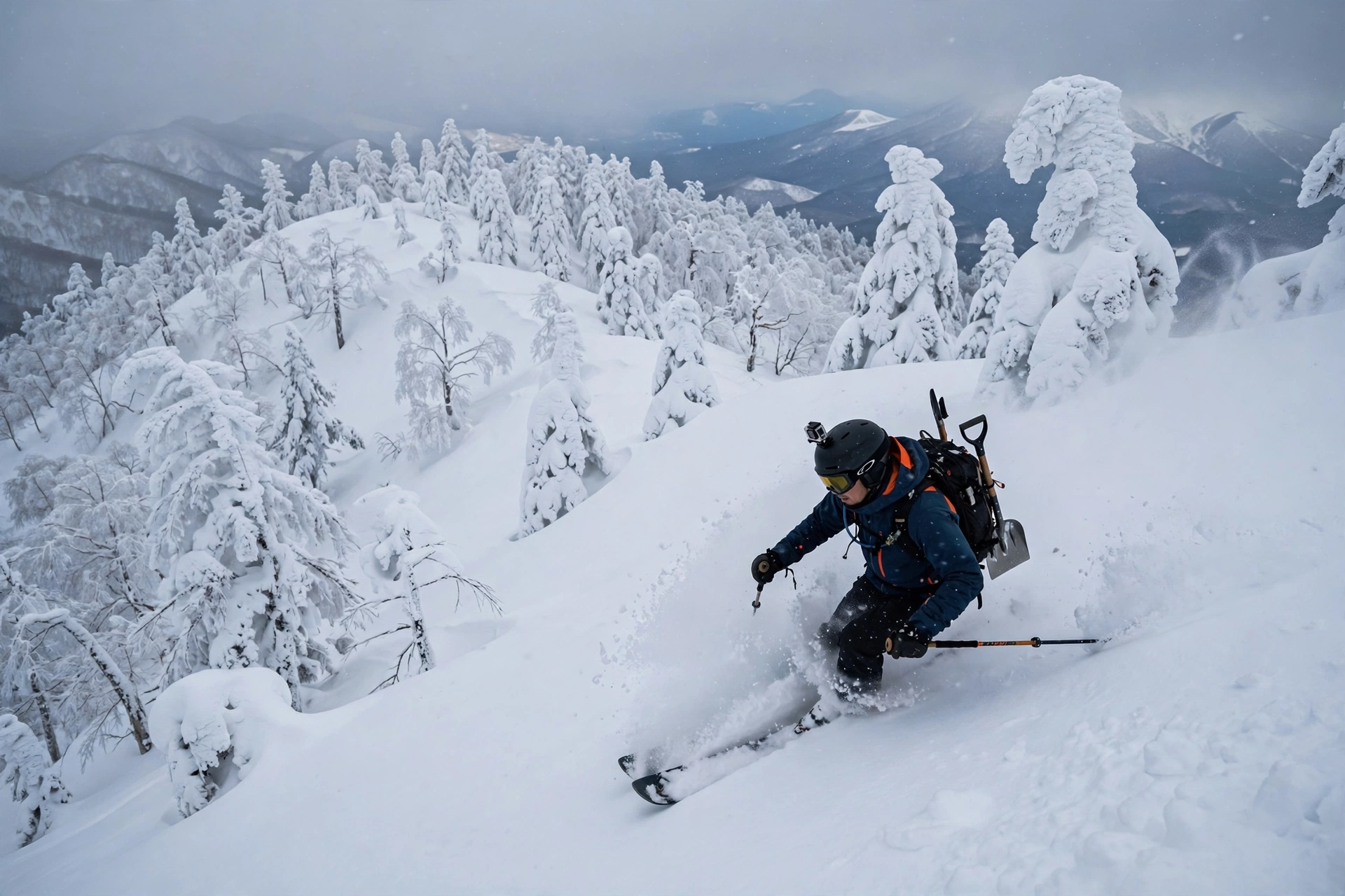 Backcountry skier in deep powder on Mount Hakkoda, Japan