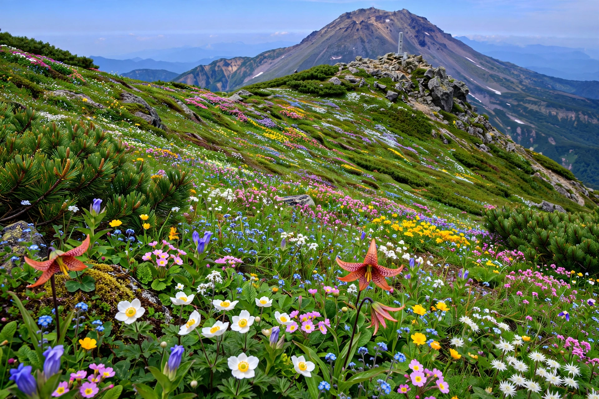 Orange lilies, white blossoms and yellow wildflowers blooming on a steep alpine slope beneath a rocky Hakusan peak
