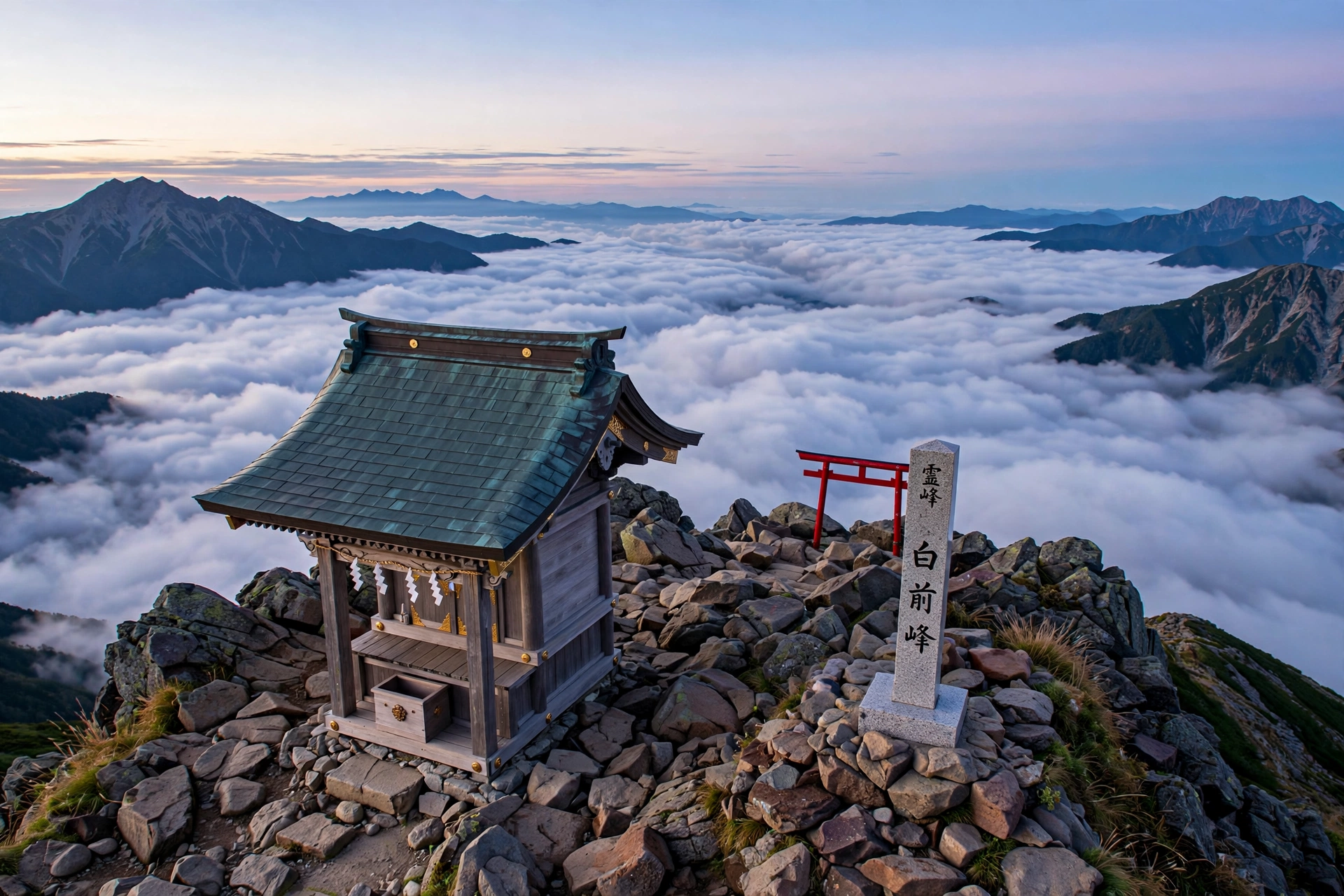 The summit shrine of Mount Hakusan with a red torii gate and stone marker, standing above a sea of clouds