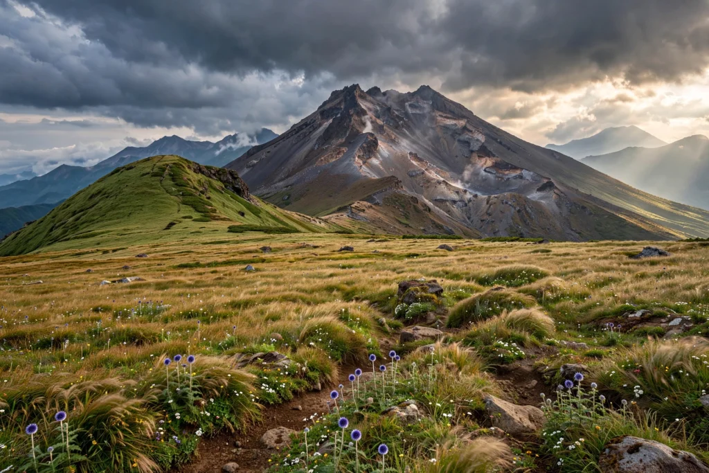 Kuju Mountains volcanic peaks in Kyushu, Japan