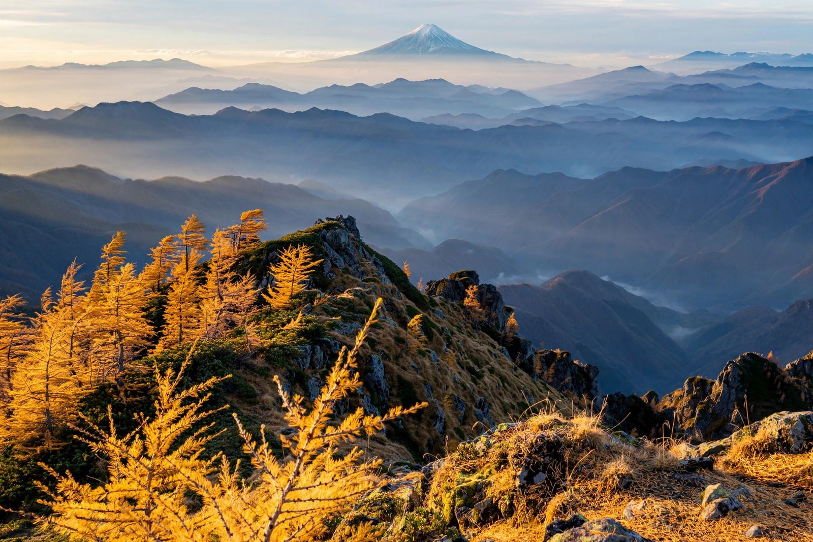 View from the Mount Kumotori hike toward Mount Fuji above layered ridges and autumn larches