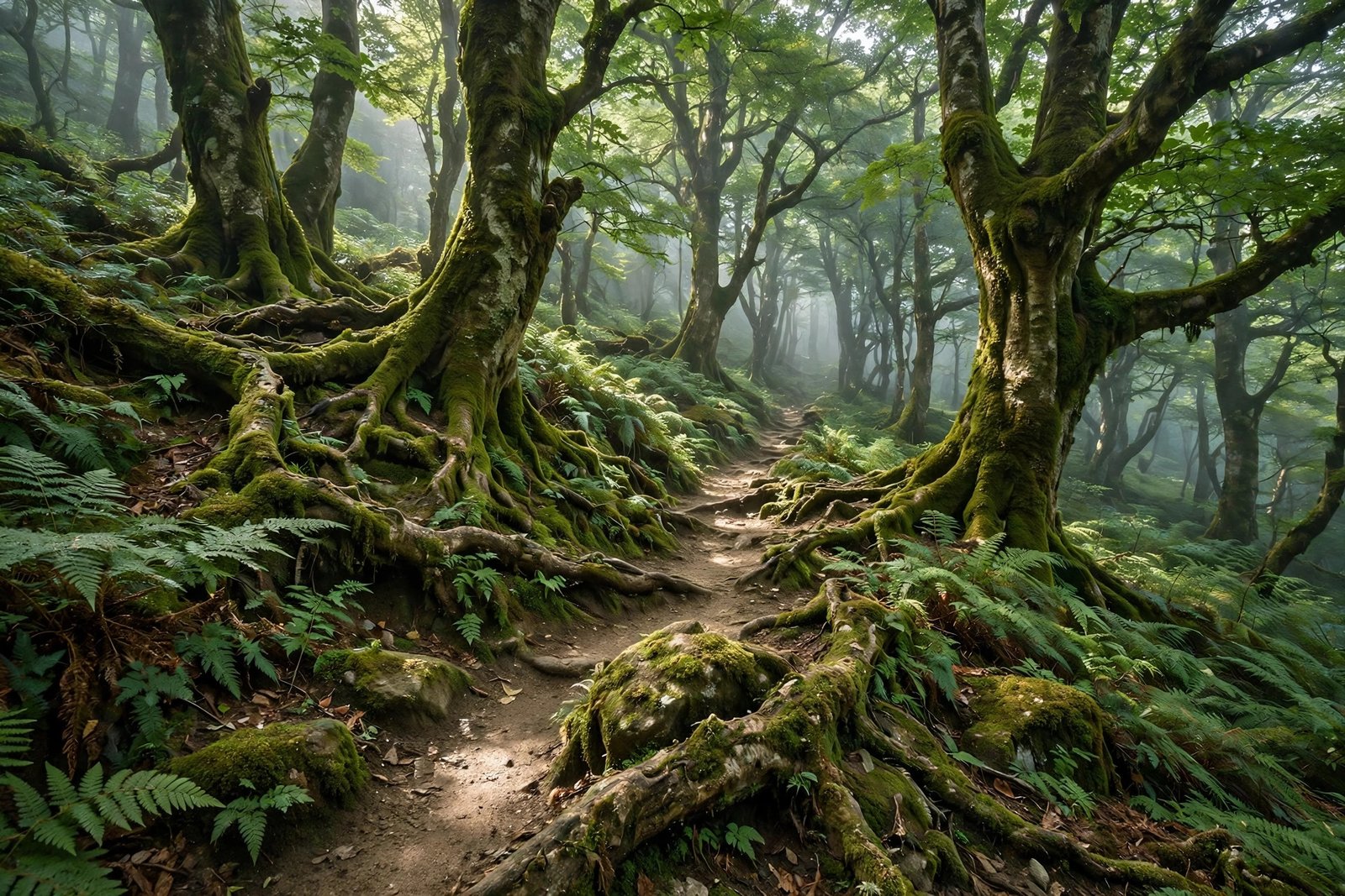 Moss-covered beech forest on the Kamosawa trail