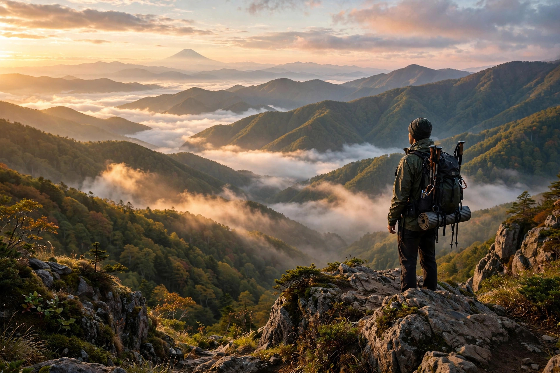 Hiker on a mountain ridge looking toward Mount Fuji at sunrise