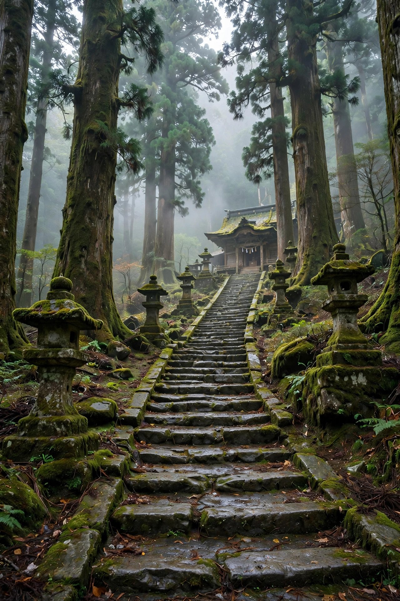 Stone steps lined with ancient cedars on the approach to Mitsumine Shrine