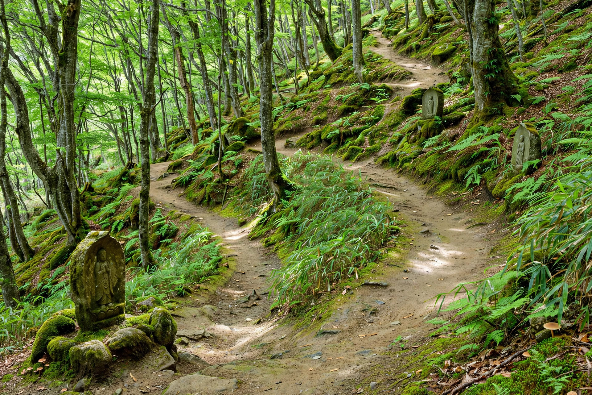 Beech forest trail with stone markers on a mountain in Japan