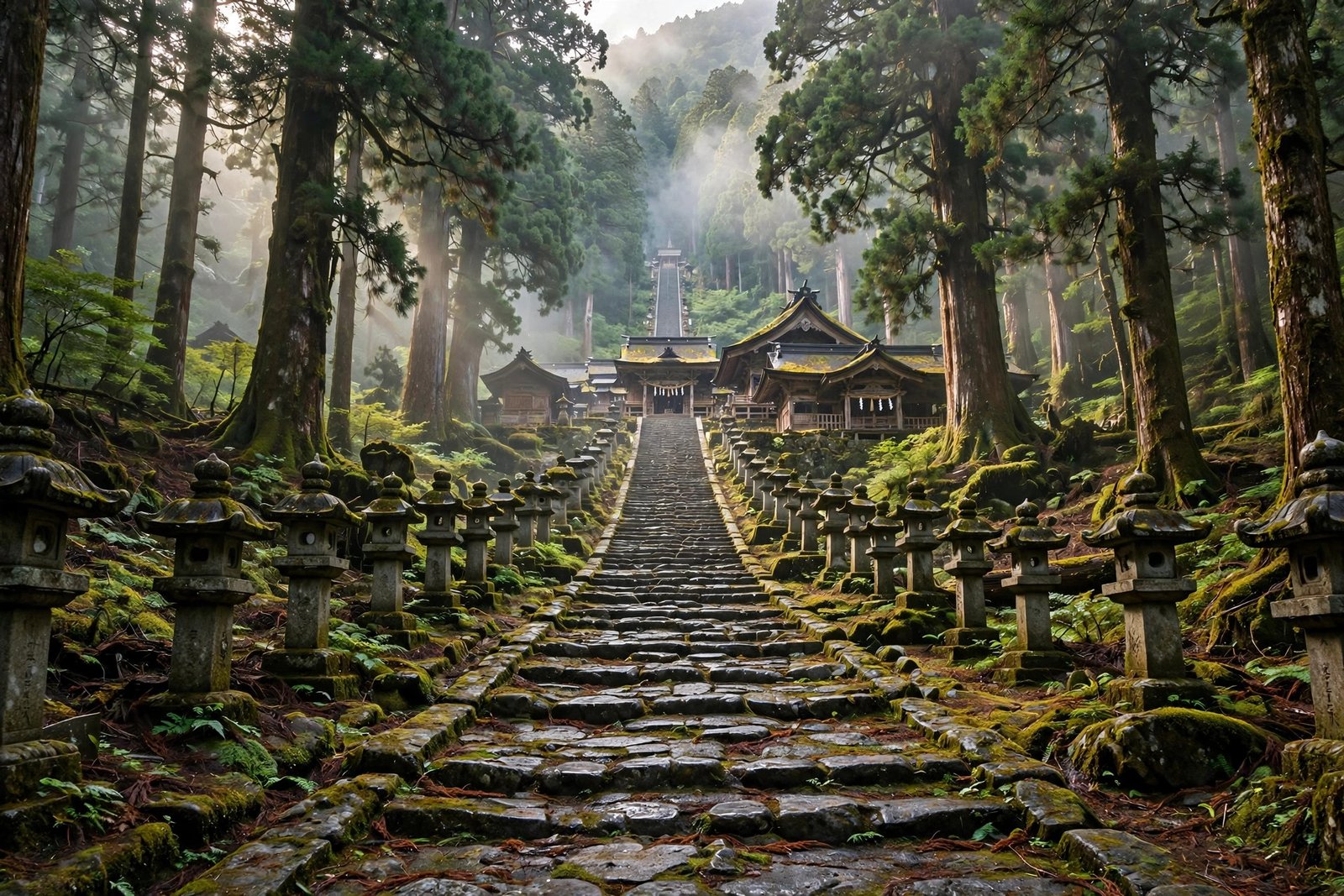 Stone steps and cedar trees at a mountain shrine in Aomori