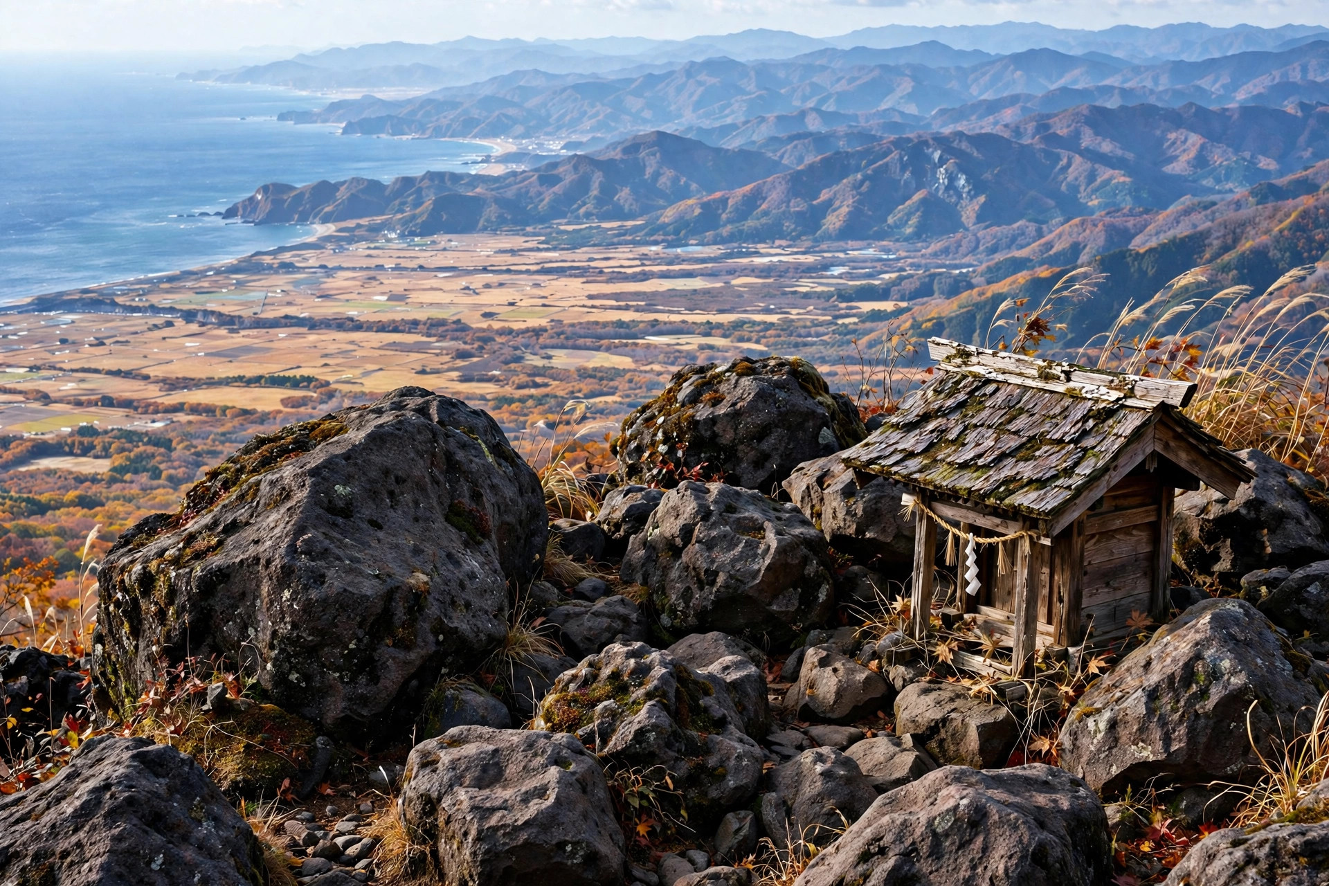 Rocky summit with a small wooden shrine overlooking the sea and plain