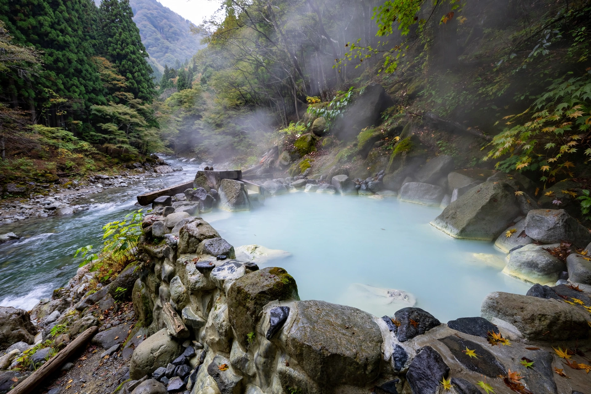 Outdoor hot spring bath at Tsubame Onsen in Myoko, Japan
