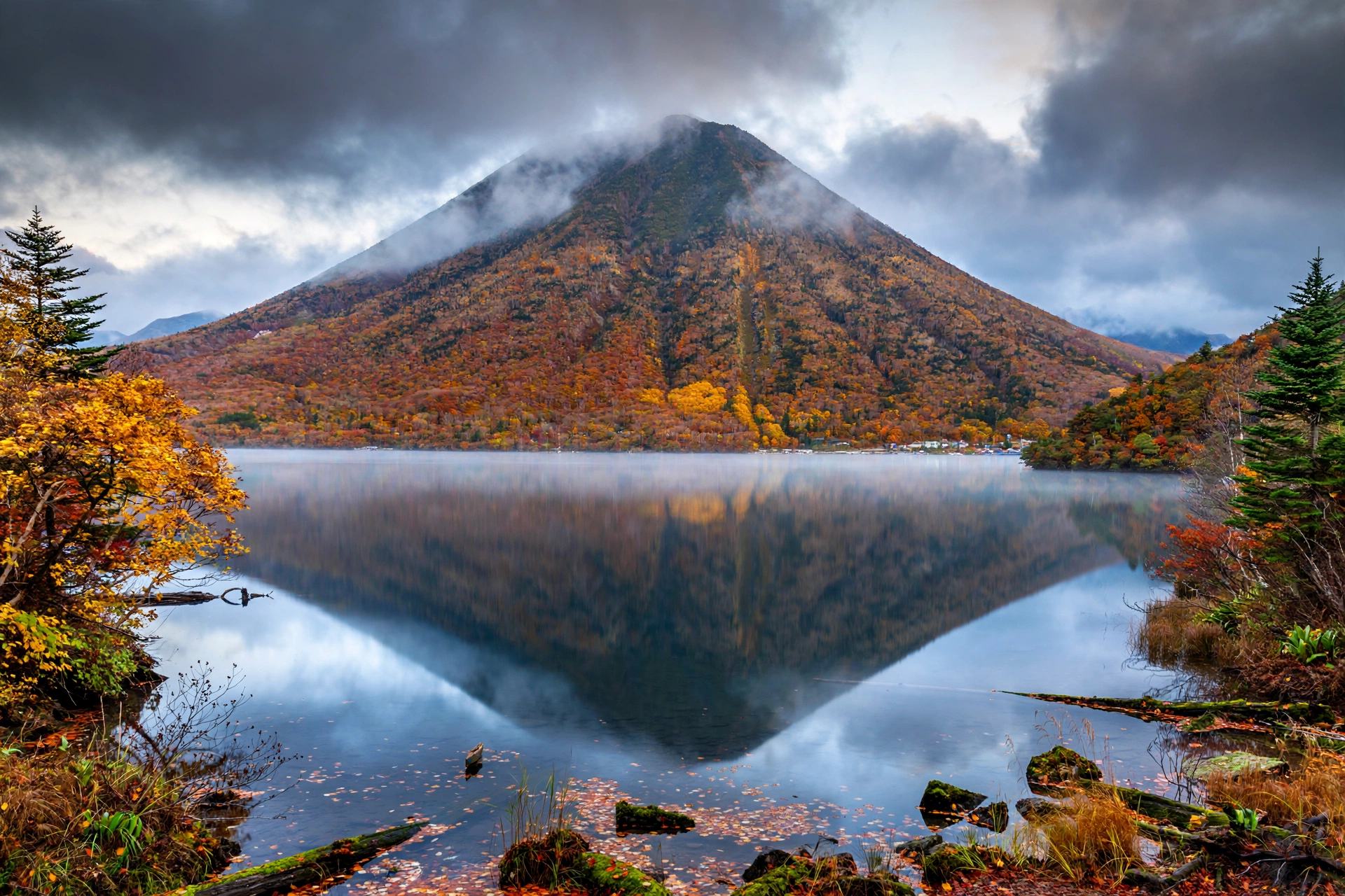 Mount Nantai towering above Lake Chuzenji in Nikko, Japan