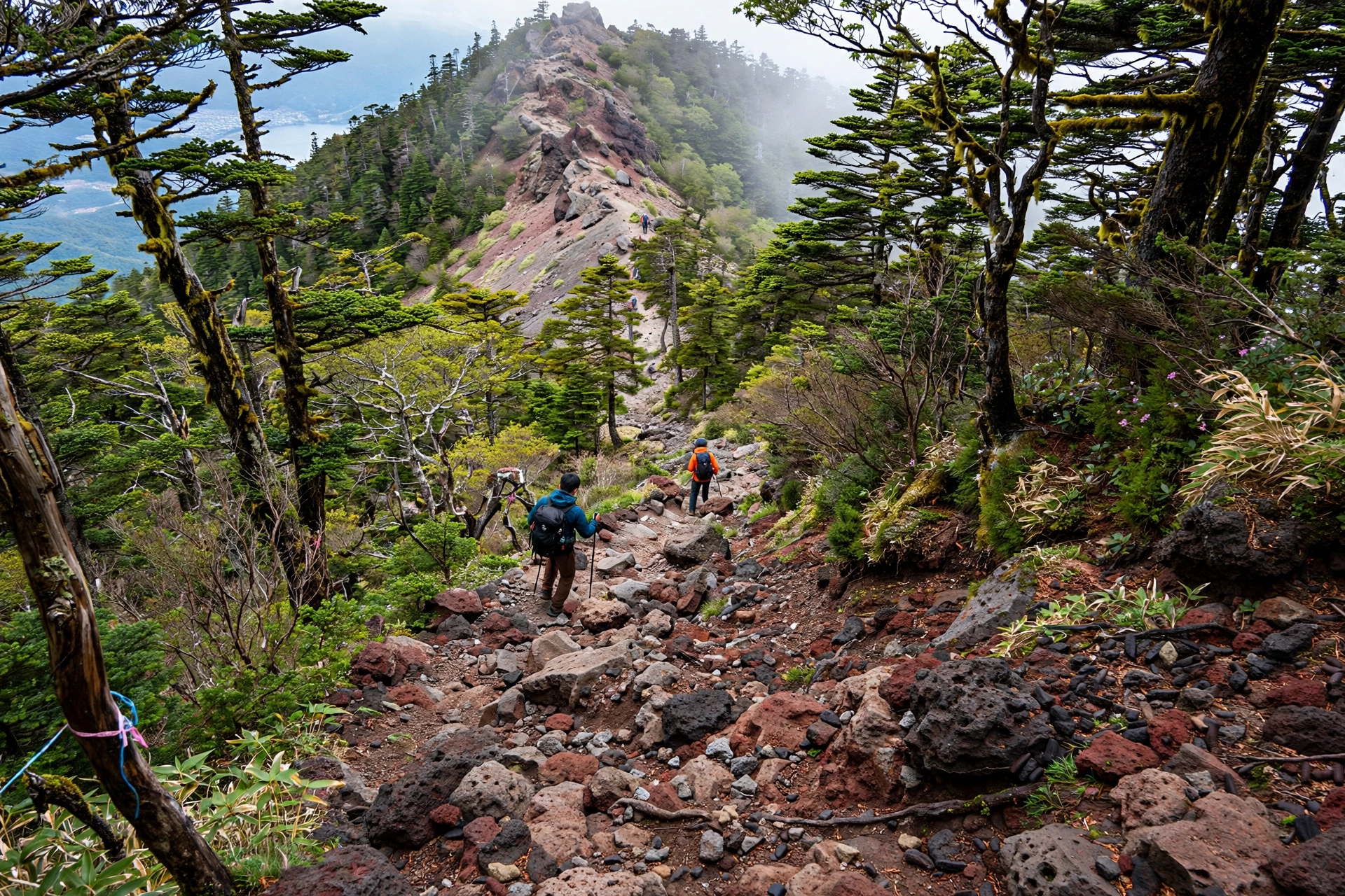 Steep volcanic hiking trail ascending Mount Nantai, Japan