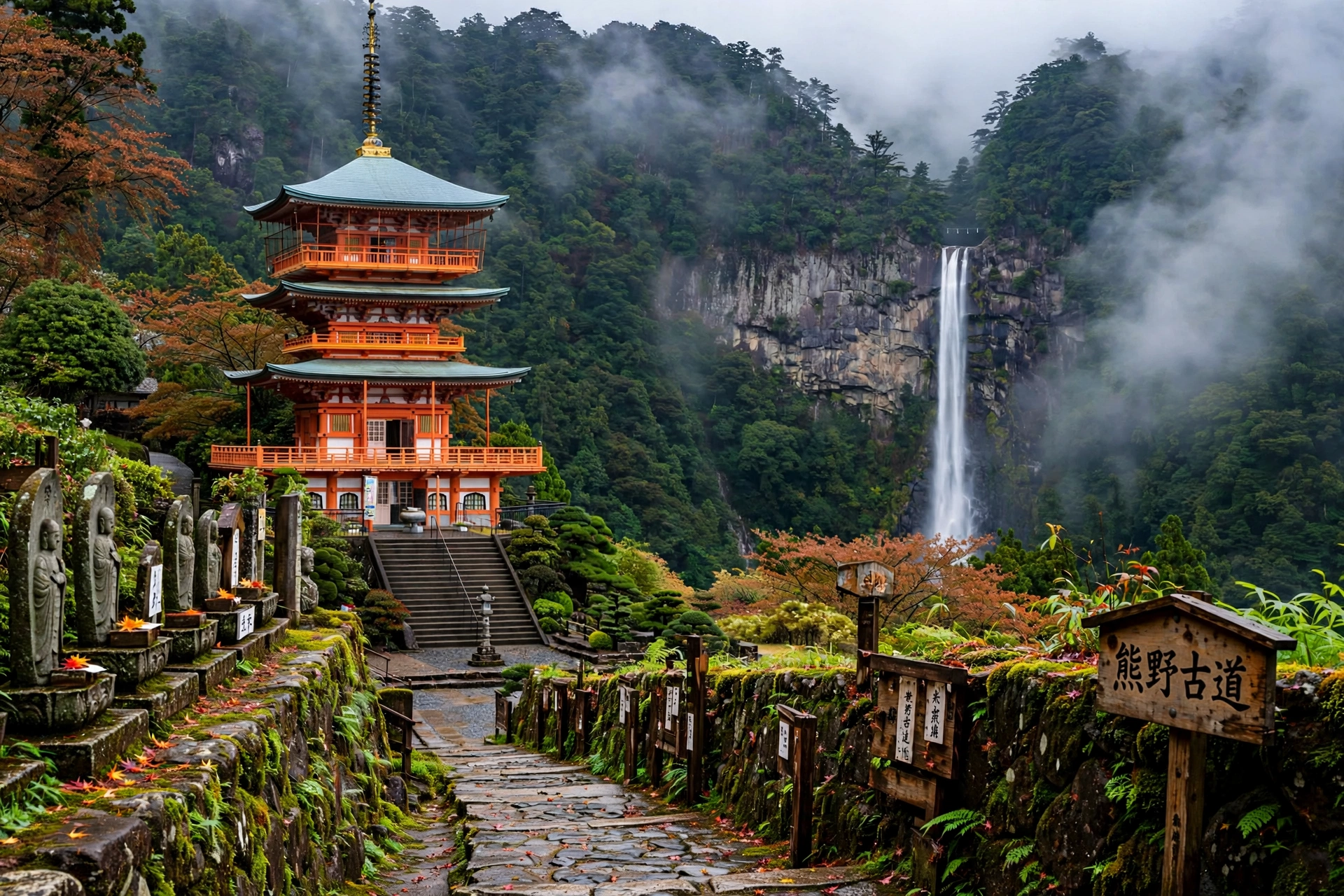 Nachi Falls with Seiganto-ji pagoda on the Kumano Kodo pilgrimage trail, Japan