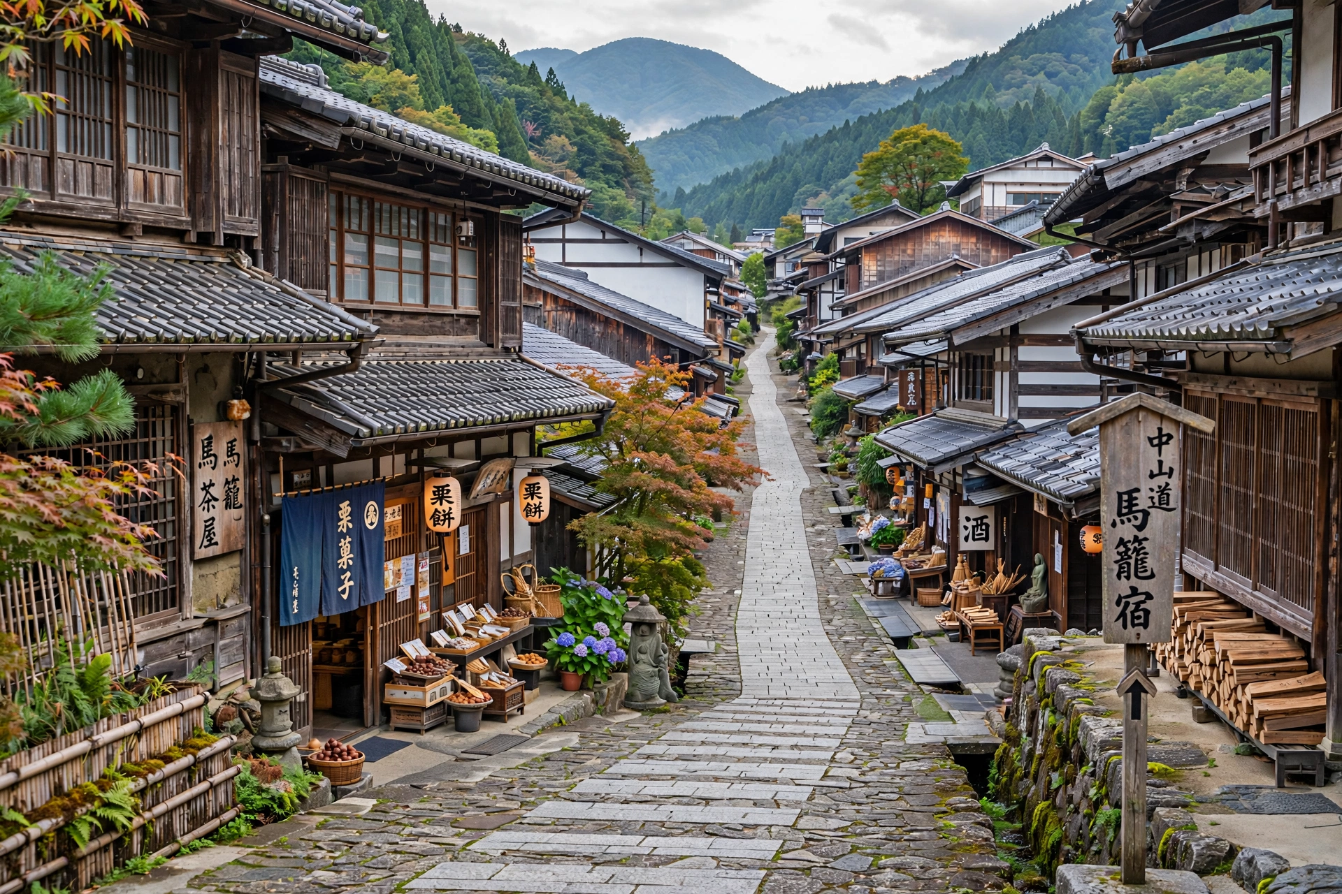 Preserved Edo-period buildings in Magome post town on the Nakasendo Trail, Japan