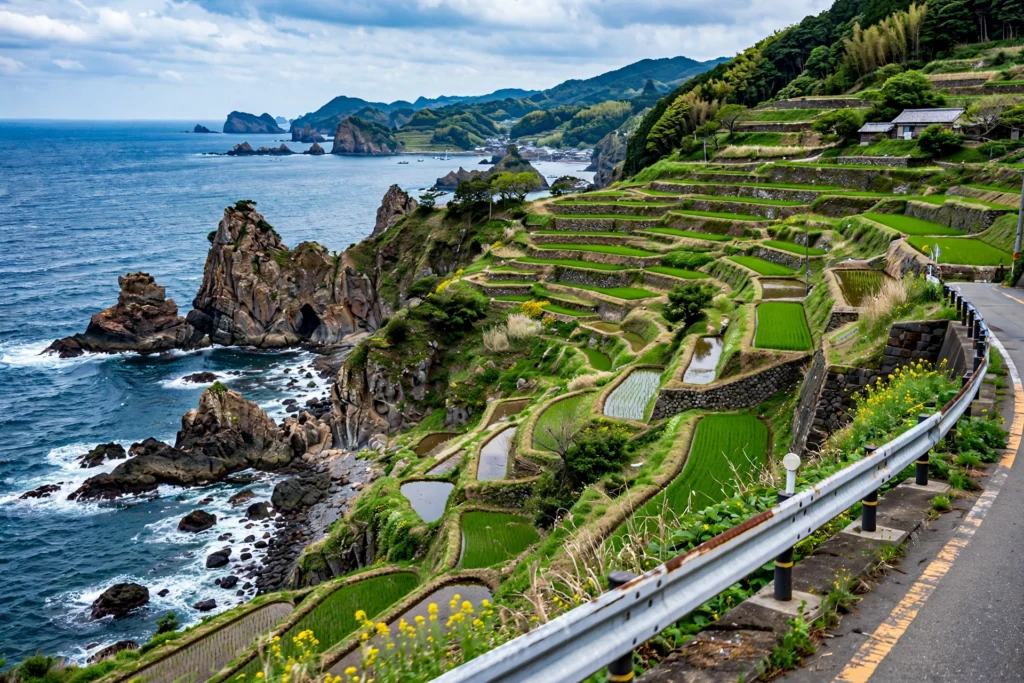 Terraced rice paddies along the rugged coastline of the Noto Peninsula, Ishikawa, Japan