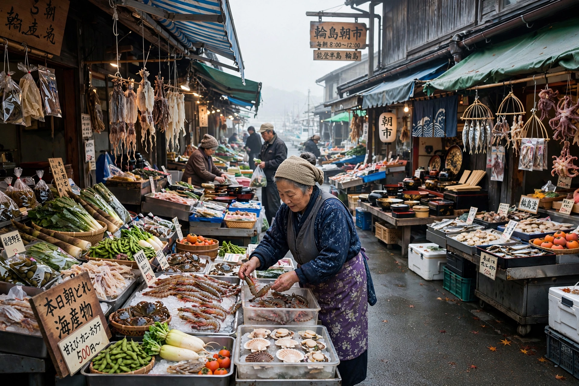 Stalls at the Wajima morning market on the Noto Peninsula in Ishikawa, Japan
