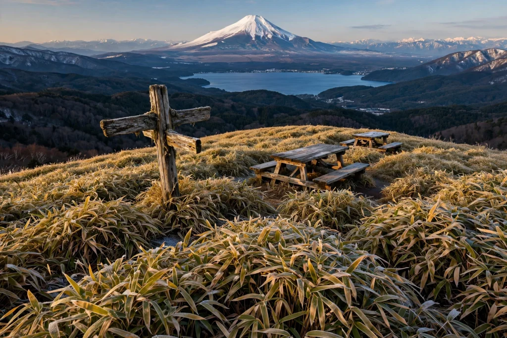 Mount Ryugatake summit: sasa grass, summit signpost and picnic tables with Mount Fuji rising over Lake Motosu