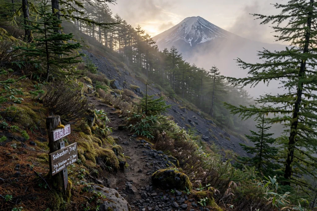 Subashiri Trail sign with Mount Fuji rising in the background, Japan