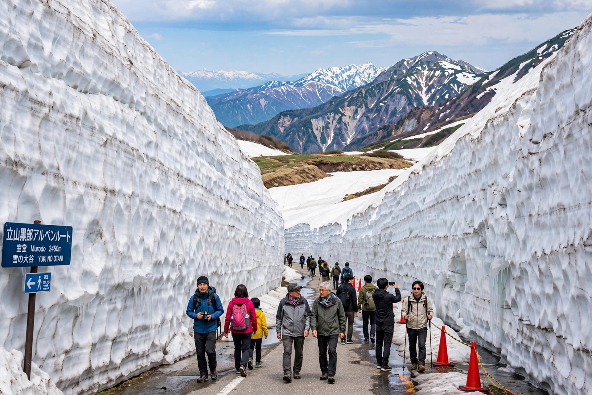 Snow corridor with towering snow walls on the Tateyama Kurobe Alpine Route, Japan