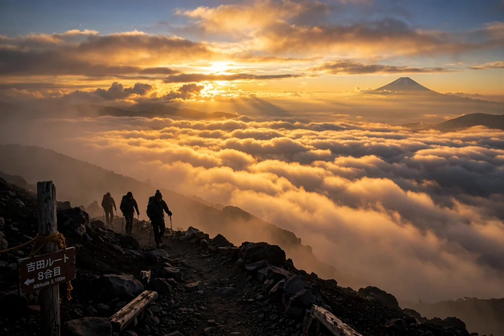 Sunrise over clouds from the Mount Fuji Yoshida trail, Japan