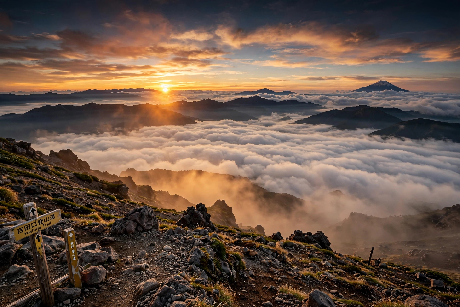 Sunrise over a sea of clouds from the Yoshida Trail on Mount Fuji, Japan