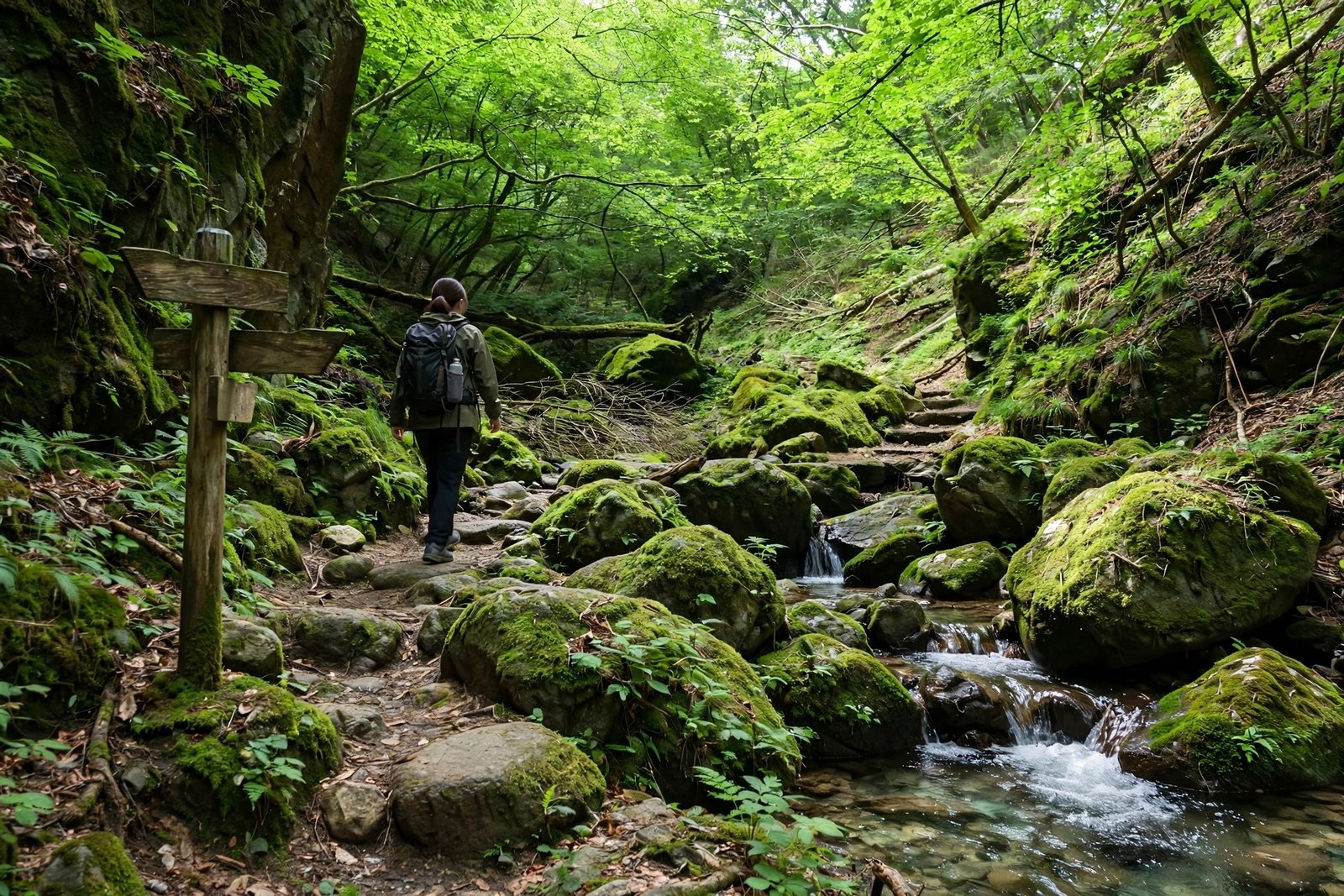 Hiker with a backpack walking a moss-covered boulder trail beside a crystal-clear stream in a lush Japanese mountain forest, dappled sunlight filtering through the canopy