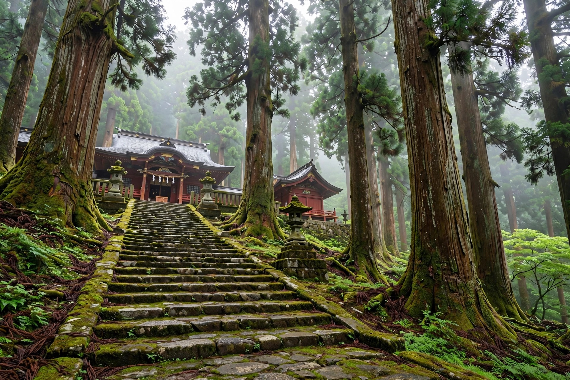 Vermilion shrine buildings with sweeping dark-tiled roofs and mossy stone steps surrounded by towering cedar trees in morning mist
