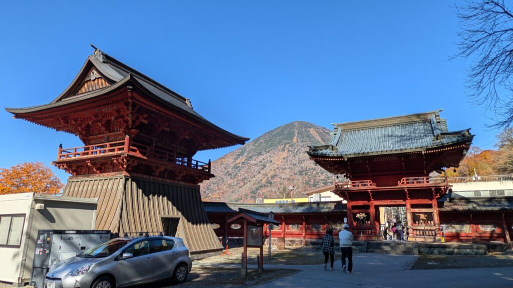 Mount Nantai rising behind Chuzenji Temple in Nikko National Park
