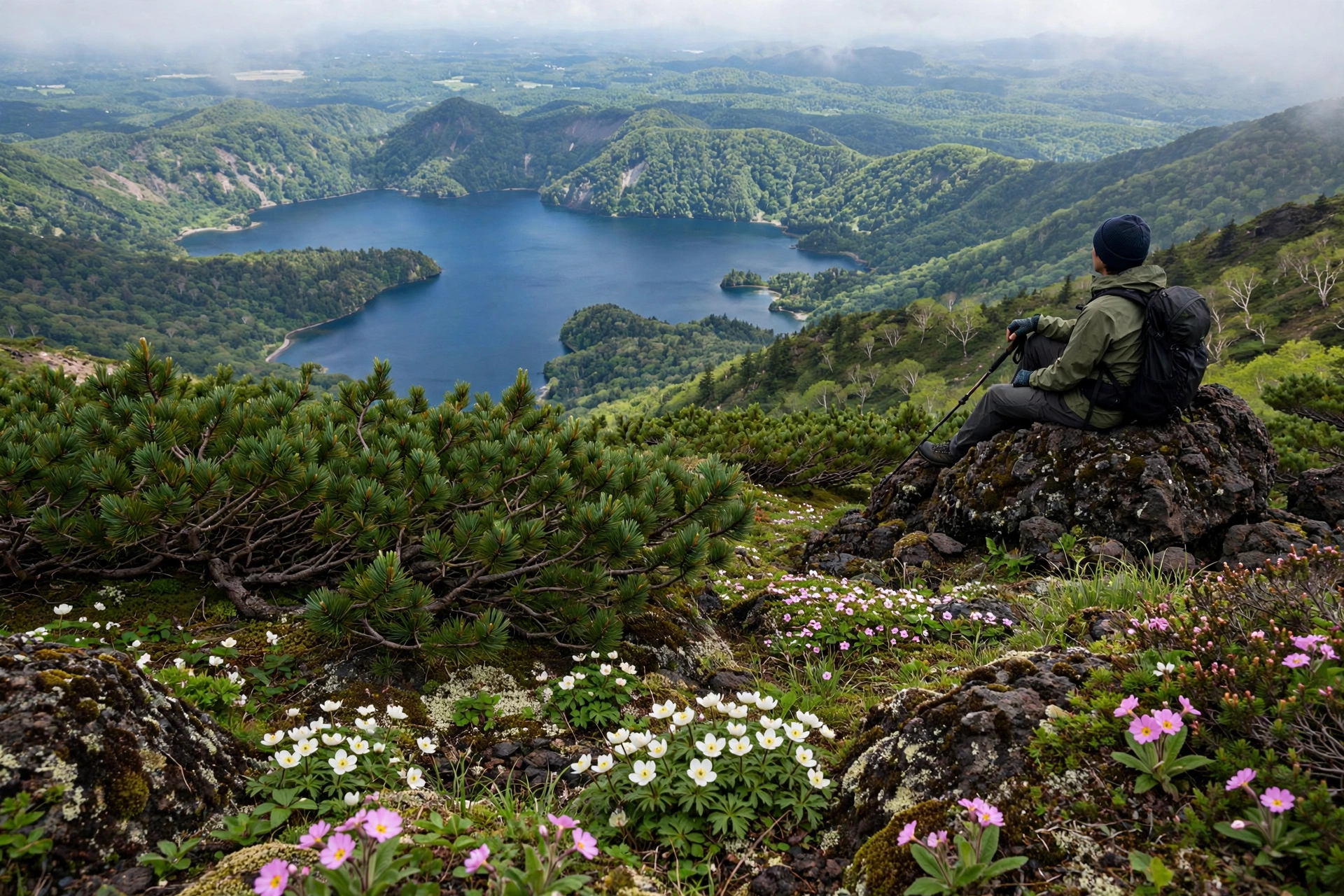 Alpine wildflowers with Lake Akan views on the Mount Oakan hike