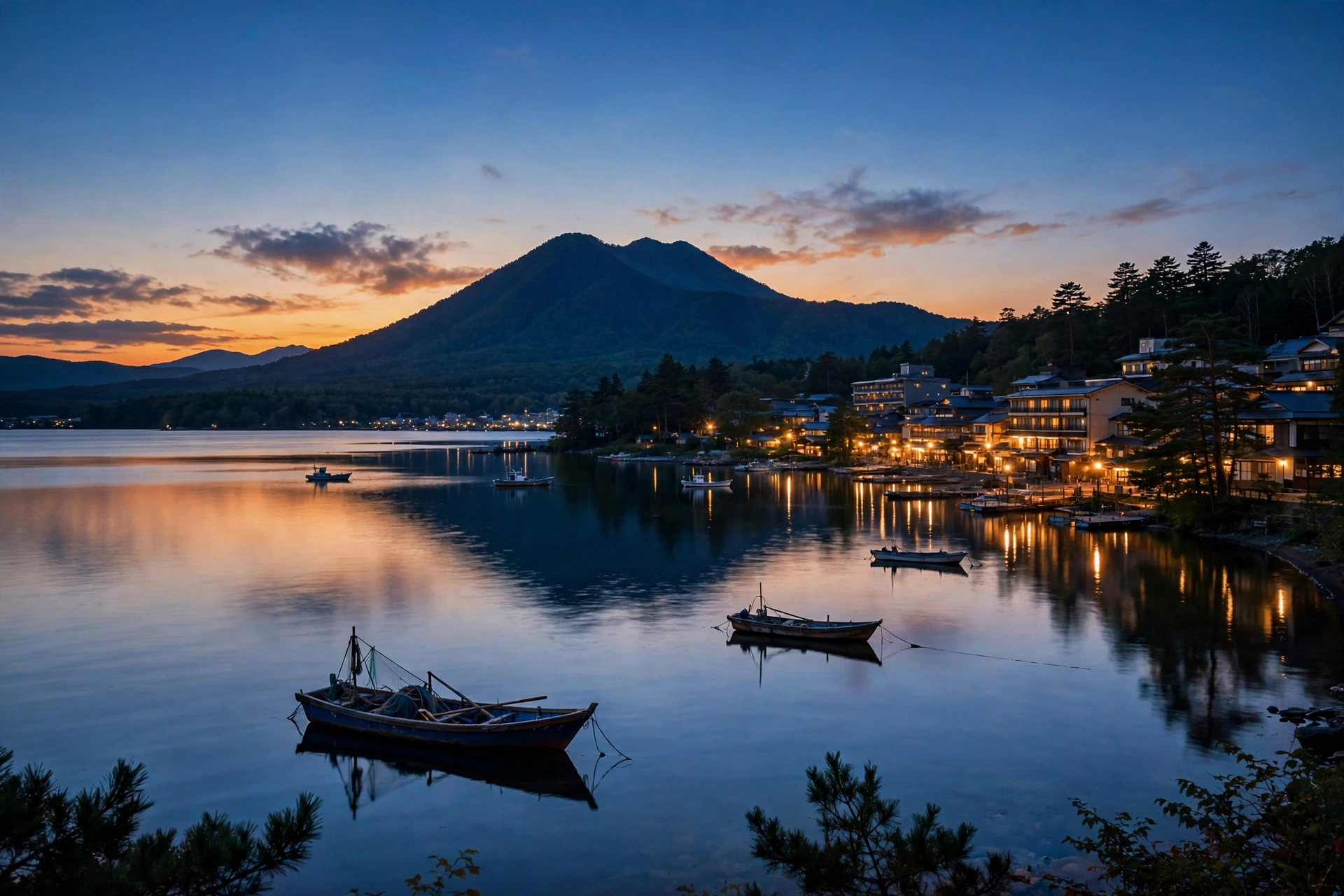 Lake Akan and Akankohan onsen town at dusk below Mount Oakan