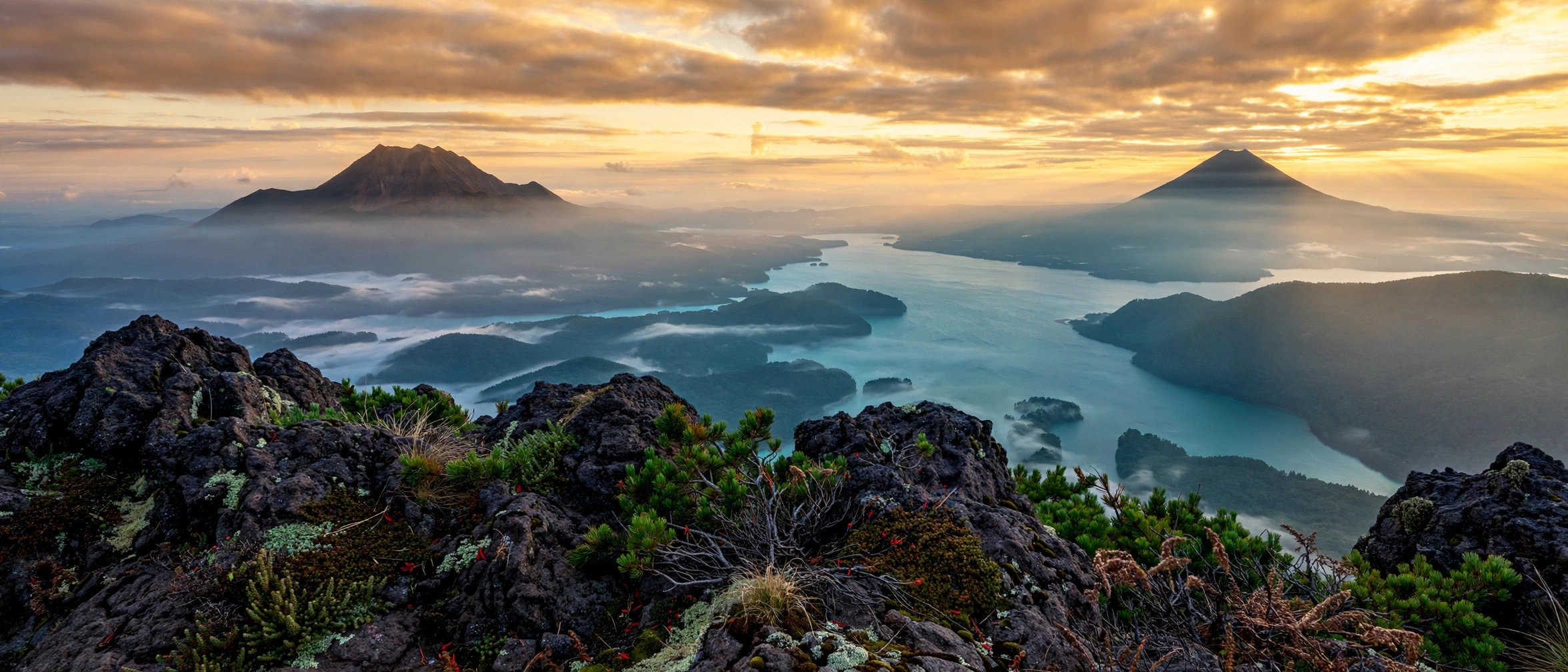Mount Oakan hike summit panorama over Lake Akan at sunrise